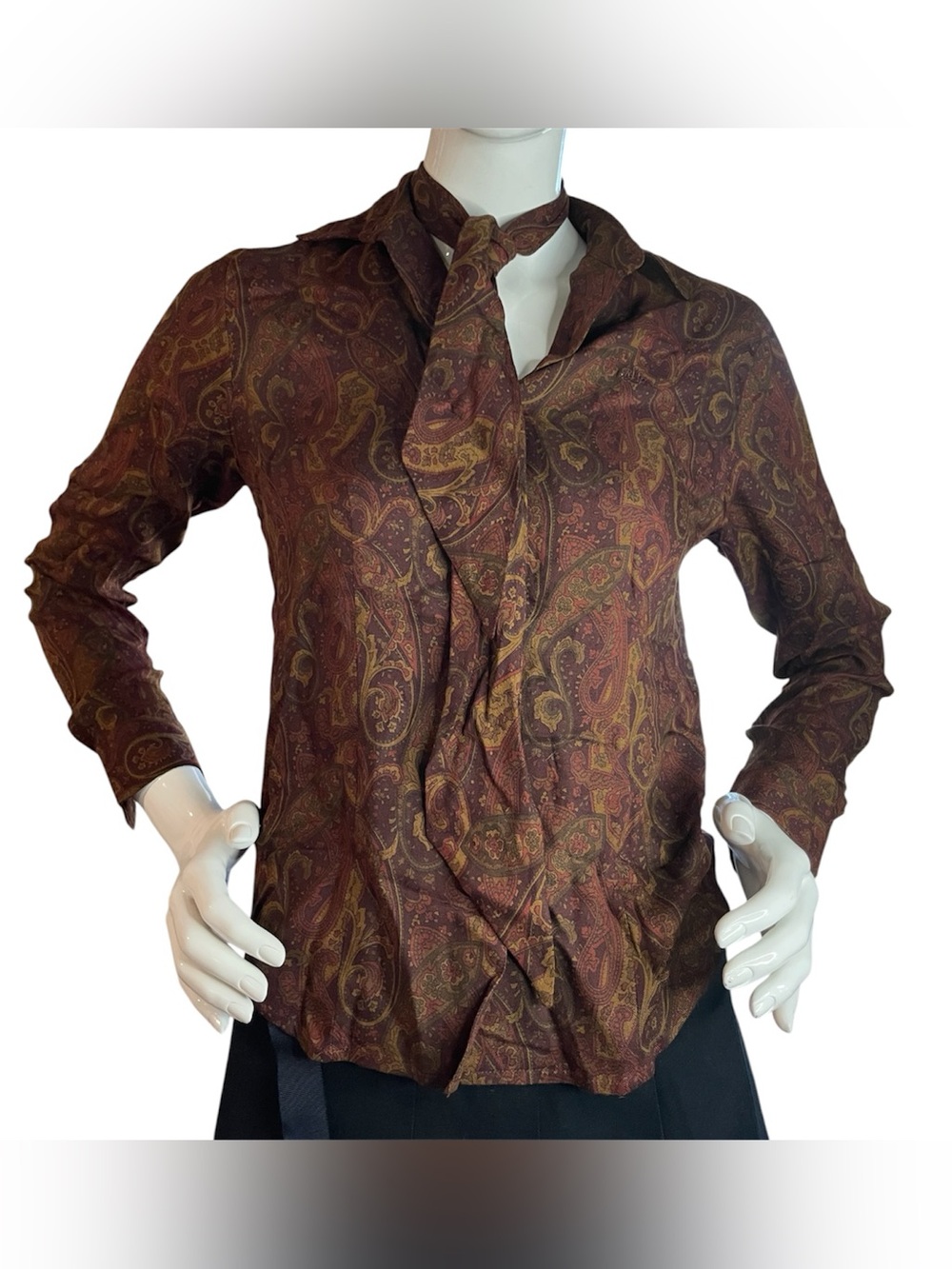 Ralph Lauren Brown Paisley Tie-Neck Dress Shirt